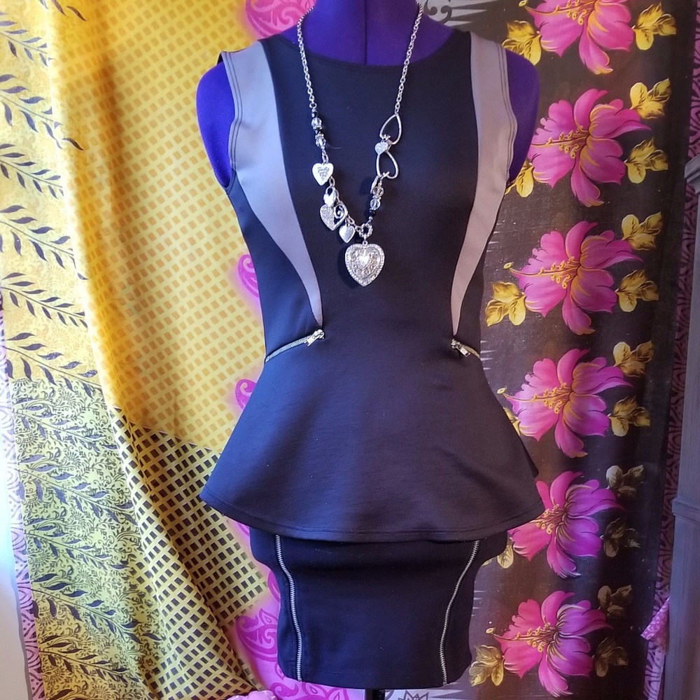 Black and Tan Peplum Shirt with Zipper Detailing